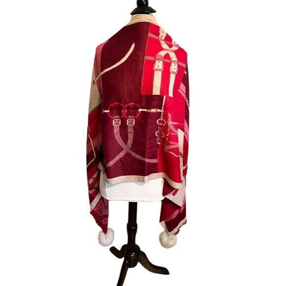 Mitchies Scarf Red Women Old Money Regal Equestrian Fox Fur Poms Luxury 80s - Picture 8 of 15